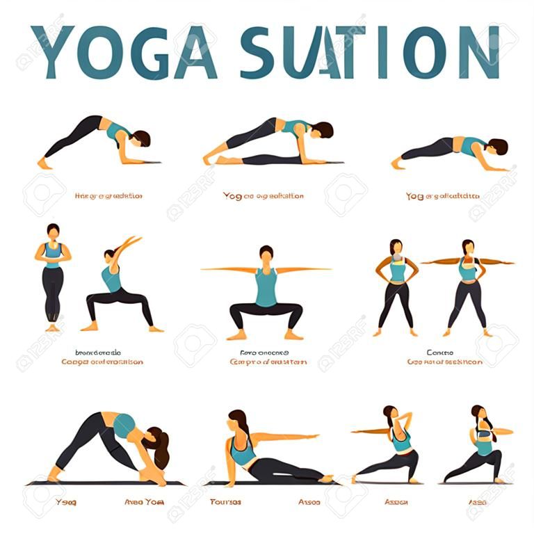 Infographic van Yoga poses voor Yoga thuis in het concept van Yoga Maan saluatie in vlak ontwerp. Vrouw sporten voor lichaam stretchen. Set van yoga houding of asana infographic. Yoga Vector platte cartoon Illustratie.