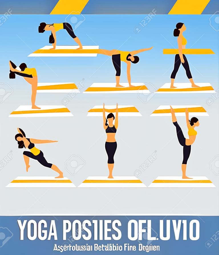 Set di 8 posizioni yoga per il concetto di bilanciamento e pose in piedi in stile design piatto. Forte donna che si esercita per l'allungamento del corpo. Set di postura yoga o asana per infografica per principianti. Vettore di yoga di allenamento. Piatto del fumetto.