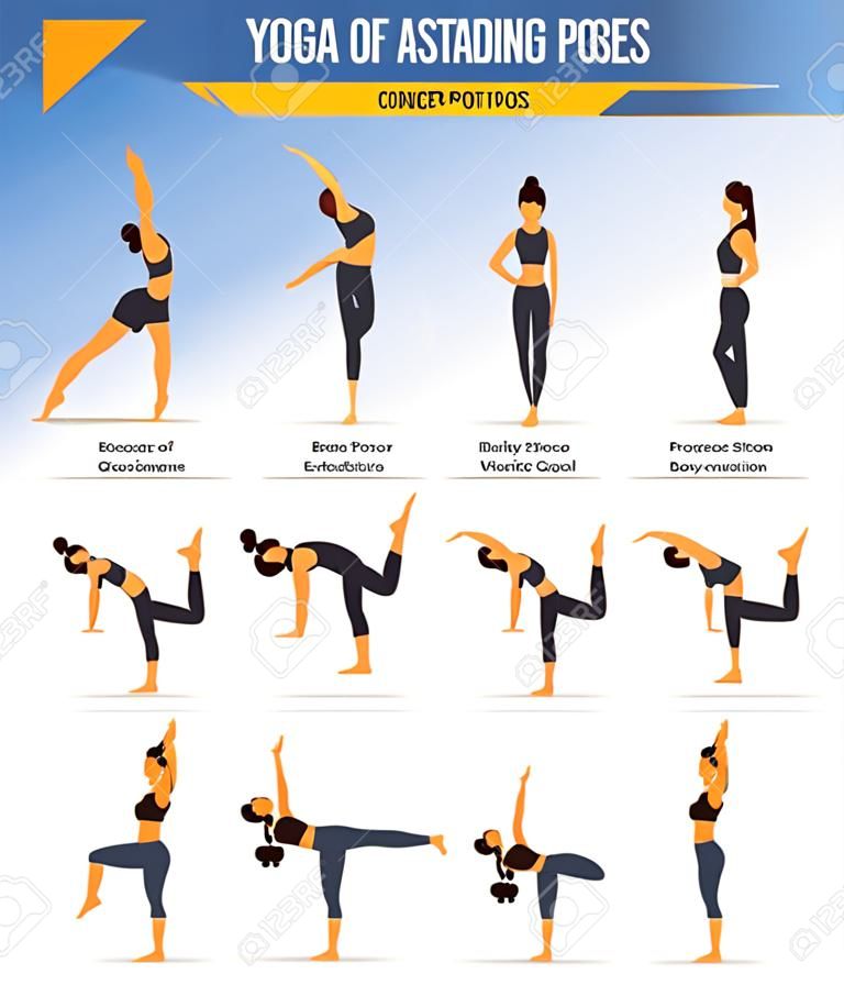 Conjunto de 8 poses de ioga para conceito de equilíbrio e poses de pé em estilo de design plano. Mulher forte que exercita para alongamento do corpo. Conjunto de postura de ioga ou asana para infográfico iniciante. Vetor de ioga de treino. Ilustração de desenhos animados plana.