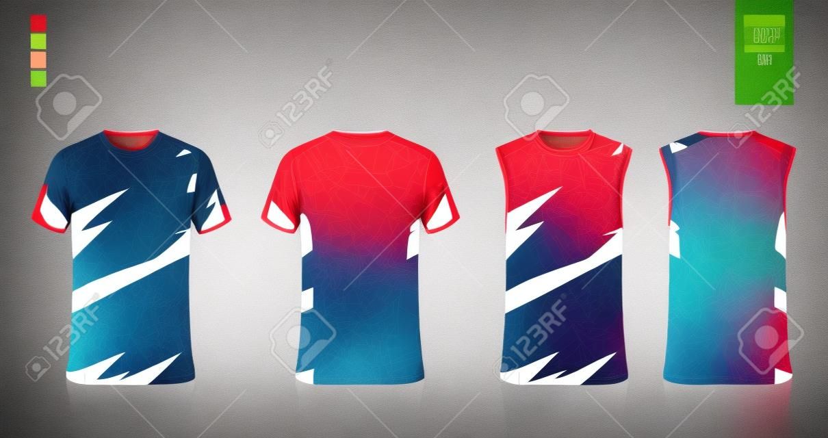 축구 유니폼이나 축구 키트를 위한 티셔츠 모형 또는 스포츠 셔츠 템플릿 디자인. 농구 저지 또는 러닝 싱글용 탱크탑. 스포츠 유니폼에 대한 추상 패턴 패브릭 패턴입니다. 벡터