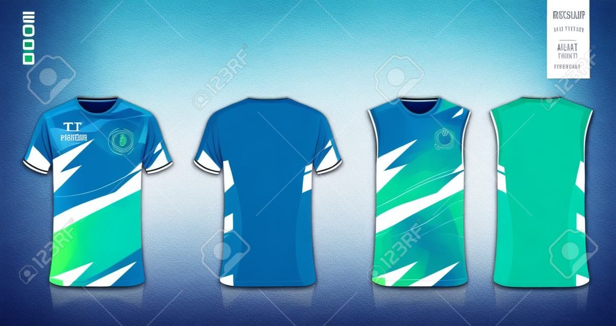 축구 유니폼이나 축구 키트를 위한 티셔츠 모형 또는 스포츠 셔츠 템플릿 디자인. 농구 저지 또는 러닝 싱글용 탱크탑. 스포츠 유니폼에 대한 추상 패턴 패브릭 패턴입니다. 벡터