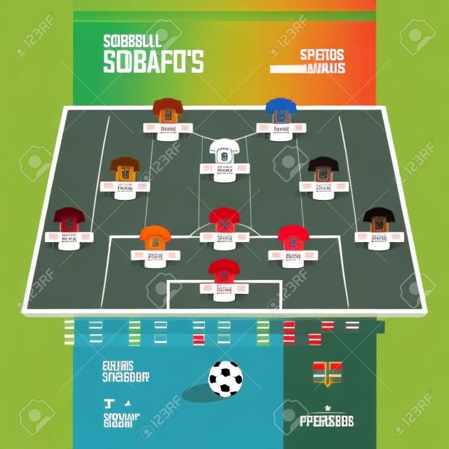 サッカーまたはサッカーの試合ラインナップ形成インフォグラフィック。提出されたサッカーのサッカー選手の位置のセット。フラットなデザインのサッカーキットまたはサッカージャージのアイコン。ベクトルイラスト。