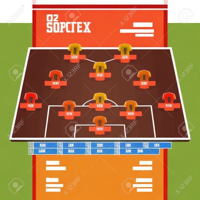 Football or soccer match lineups formation infographic. Set of football player position on soccer filed. Football kit or soccer jersey icon in flat design. Vector Illustration.