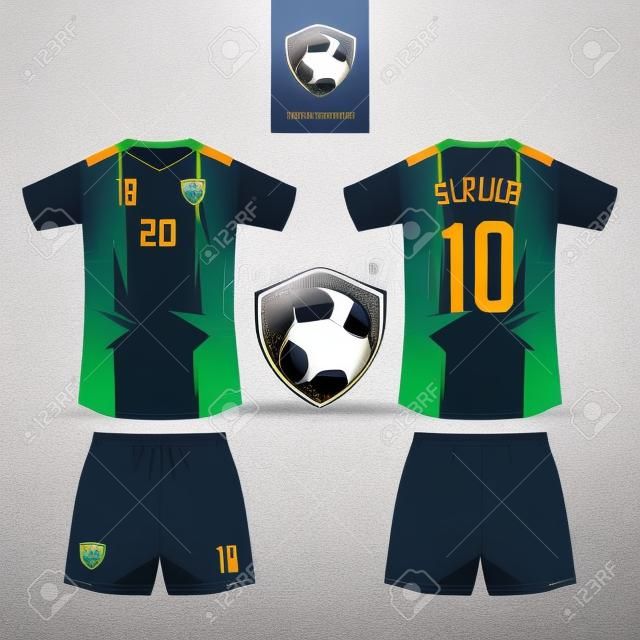 Soccer jersey or football kit mockup template design for sport club. Football t-shirt sport, shorts mockup. Soccer uniform in front view, back view. Bull in flat design. Vector Illustration.