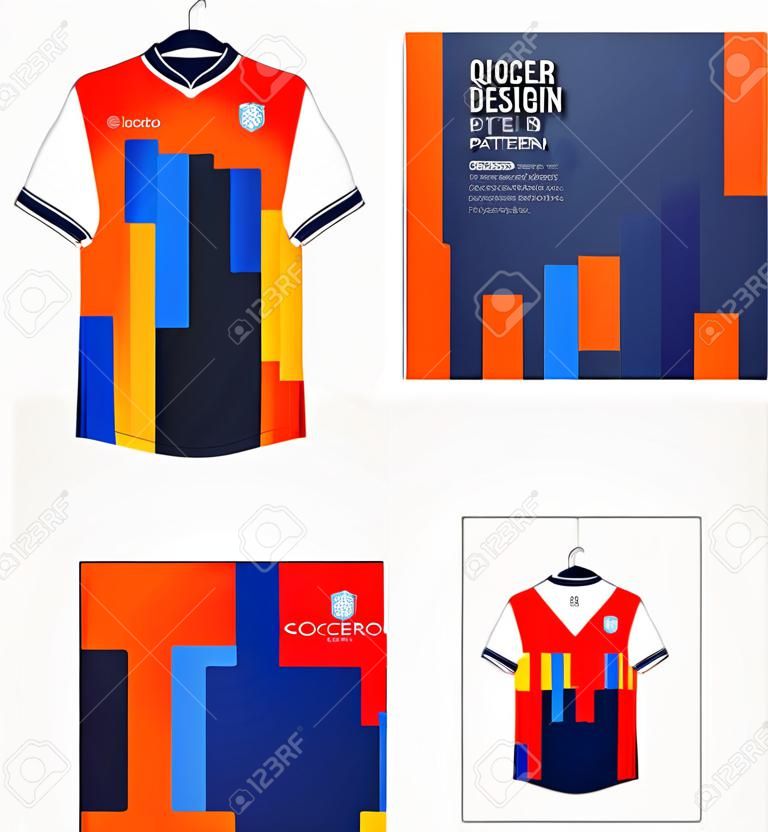 Soccer jersey pattern design.  Abstract pattern on orange background for soccer kit, football kit or sports uniform. T-shirt mockup template. Fabric pattern. Sport background. Vector