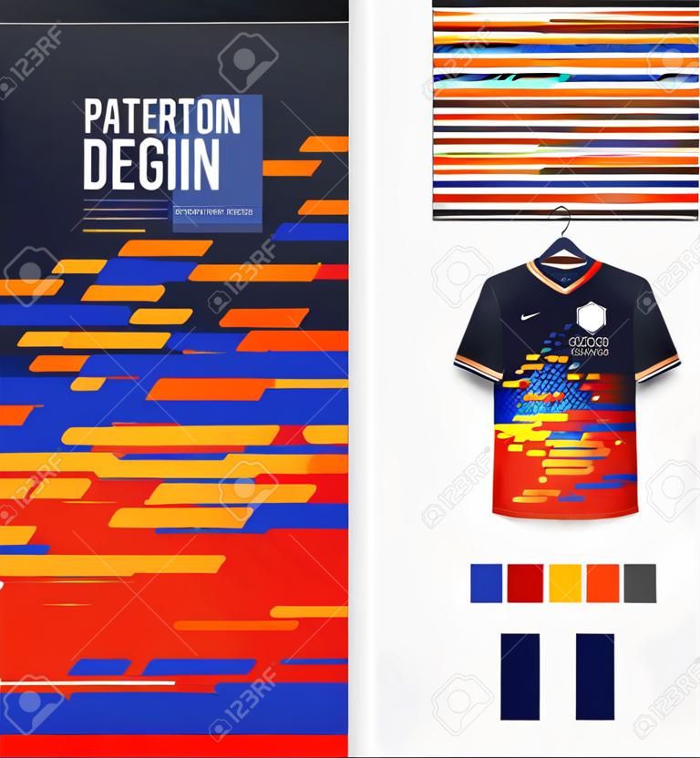 Soccer jersey pattern design.  Abstract pattern on colorful background for soccer kit, football kit or sports uniform. T-shirt mockup template. Fabric pattern. Sport background.
