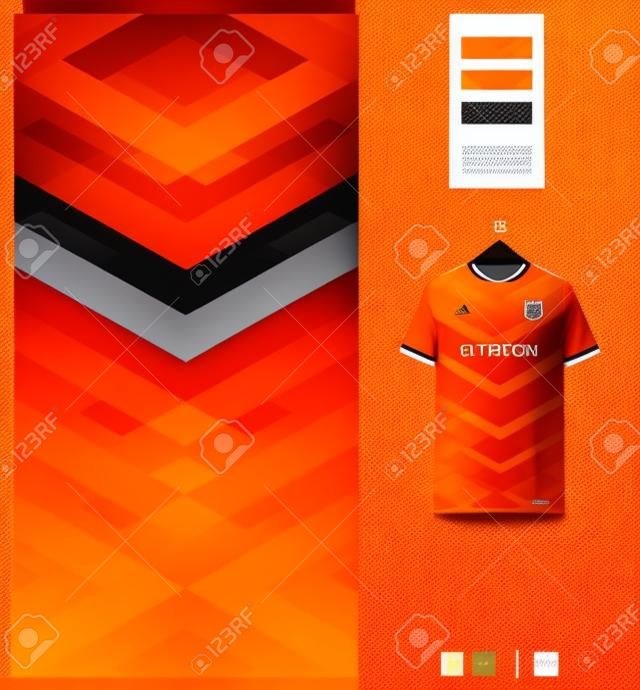Diseño de patrón de camiseta de fútbol. Patrón geométrico sobre fondo naranja para equipo de fútbol, equipo de fútbol o uniforme deportivo. Plantilla de maqueta de camiseta. patrón de tela Fondo abstracto.