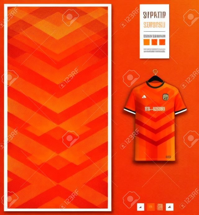 Diseño de patrón de camiseta de fútbol. Patrón geométrico sobre fondo naranja para equipo de fútbol, equipo de fútbol o uniforme deportivo. Plantilla de maqueta de camiseta. patrón de tela Fondo abstracto.
