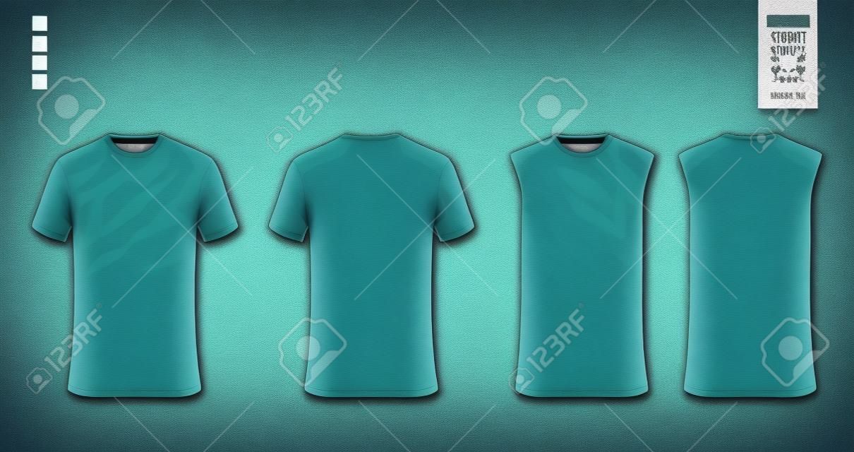 티셔츠 모형, 축구 유니폼을 위한 스포츠 셔츠 템플릿 디자인, 축구 키트. 농구 저지 용 탱크 탑, 러닝 싱글. 전면 및 후면에서 스포츠 유니폼을 위한 패브릭 패턴. 벡터.