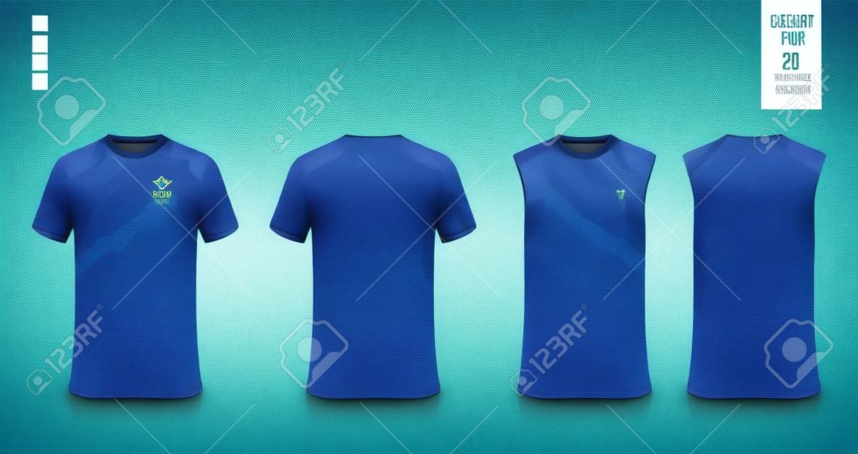 T-shirt mockup, sport shirt template design for soccer jersey, football kit. Tank top for basketball jersey, running singlet. Fabric pattern for sport uniform in front and back view. Vector.
