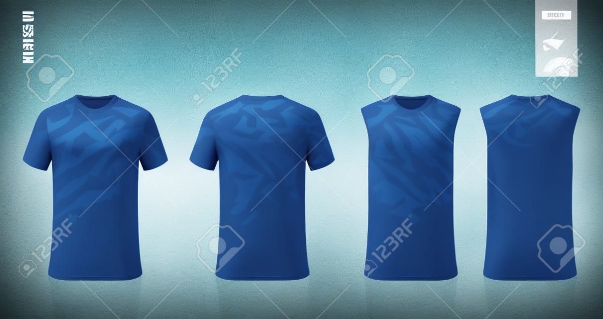 티셔츠 모형, 축구 유니폼을 위한 스포츠 셔츠 템플릿 디자인, 축구 키트. 농구 저지 용 탱크 탑, 러닝 싱글. 전면 및 후면에서 스포츠 유니폼을 위한 패브릭 패턴. 벡터.