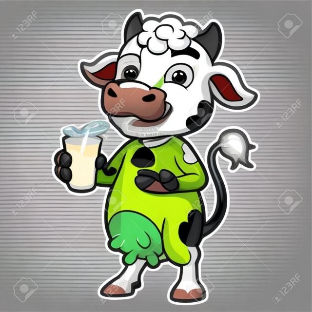 Krowa postać z kreskówki trzymając szklankę mleka