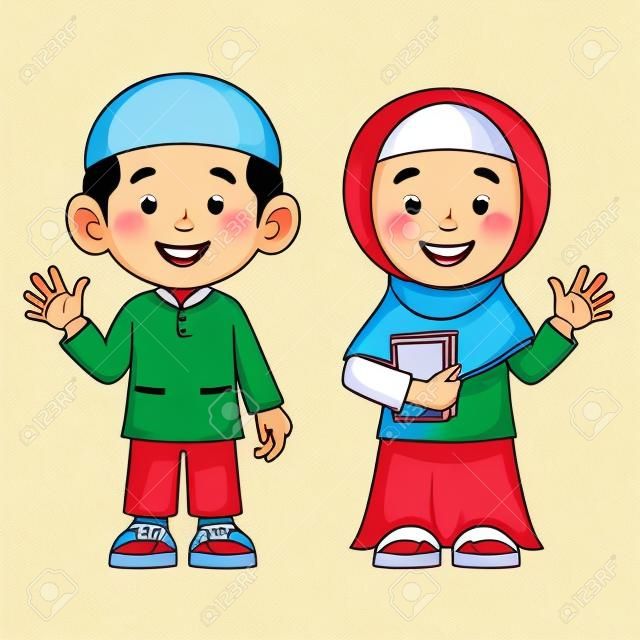 Ilustración de dibujos animados de lindo niño y niña musulmana.