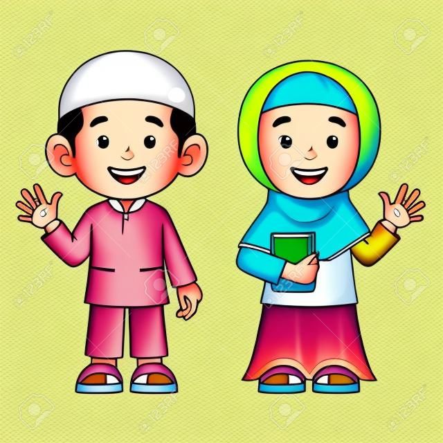 Ilustración de dibujos animados de lindo niño y niña musulmana.