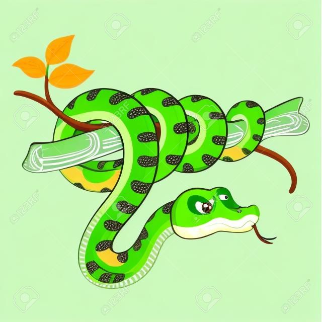 분기에 귀여운 녹색 뱀의 그림 만화입니다.