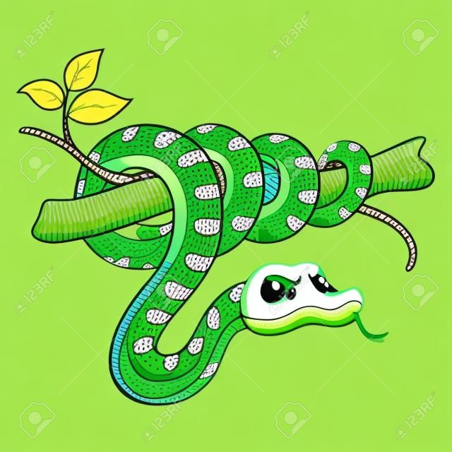Fumetto dell'illustrazione del serpente verde sveglio sul ramo.