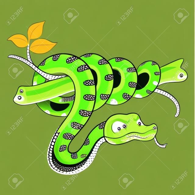 Ilustración de dibujos animados de linda serpiente verde en la rama.