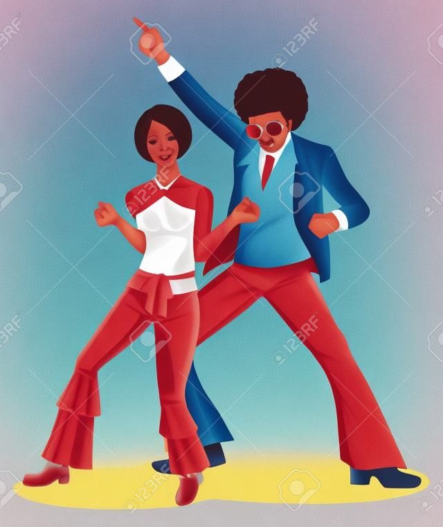 Ilustración de la pareja de baile en el piso en los años 70