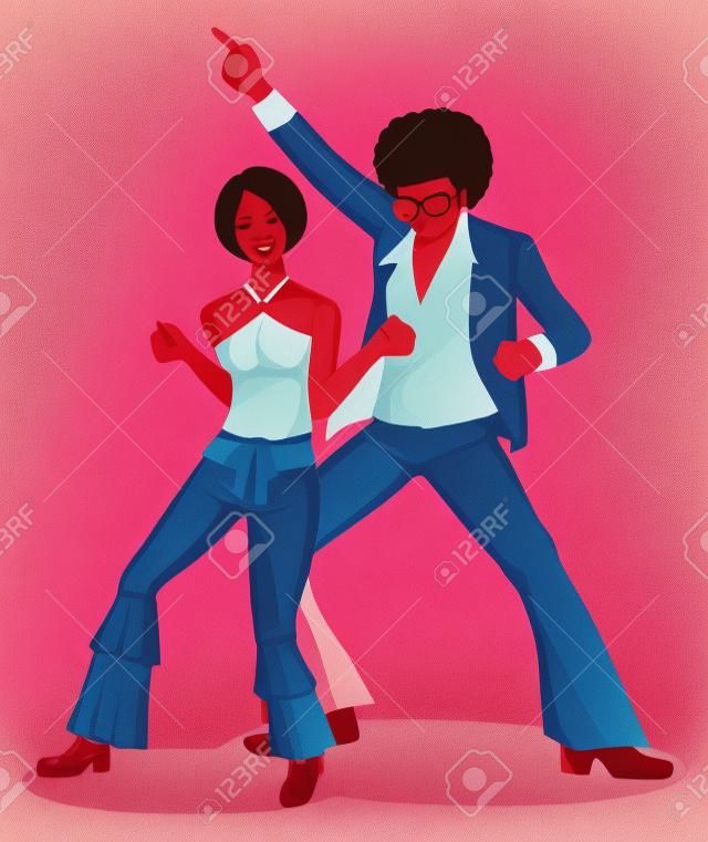 Ilustración de la pareja de baile en el piso en los años 70