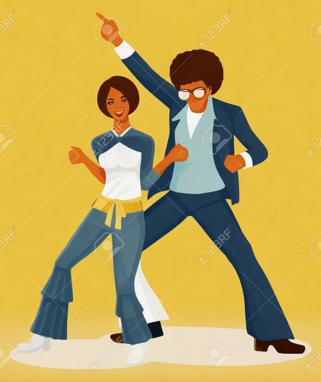 Illustration of couple dancing on the floor in the 70s 