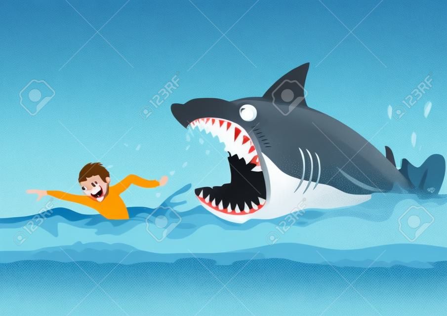 Ilustracja kreskówka o człowieku, unikając ataków rekinów