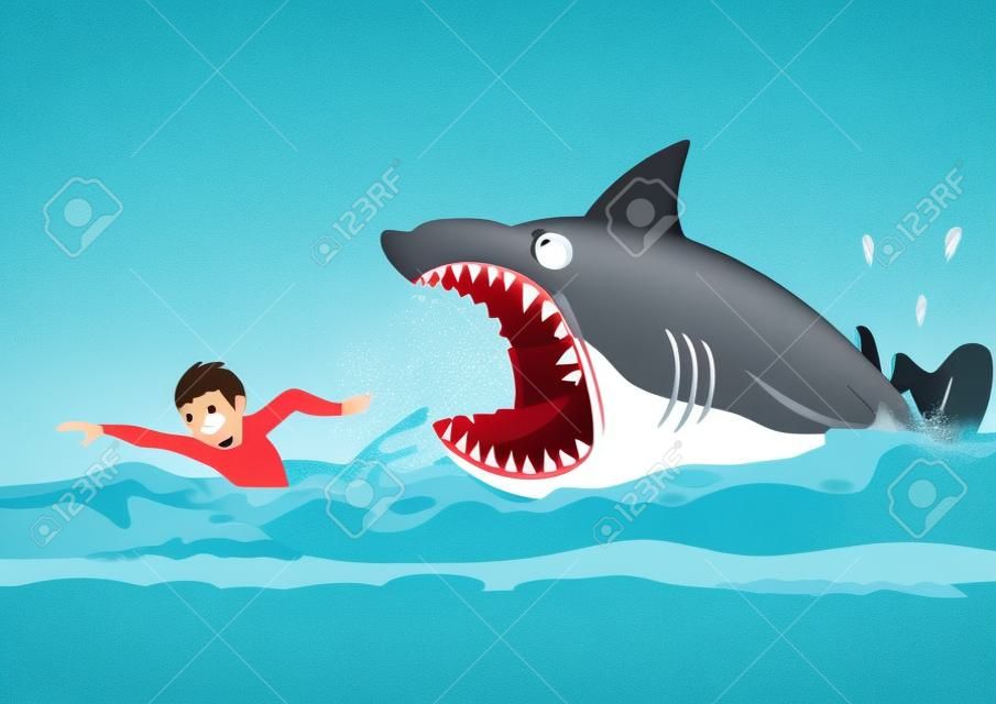 Tekenfilm illustratie van een man die aanvallen van haaien vermijdt