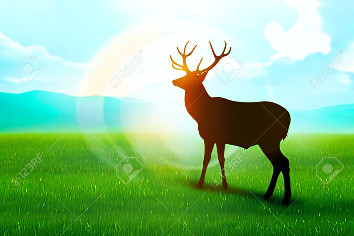 Silhouette illustration of a deer on meadow during sunrise