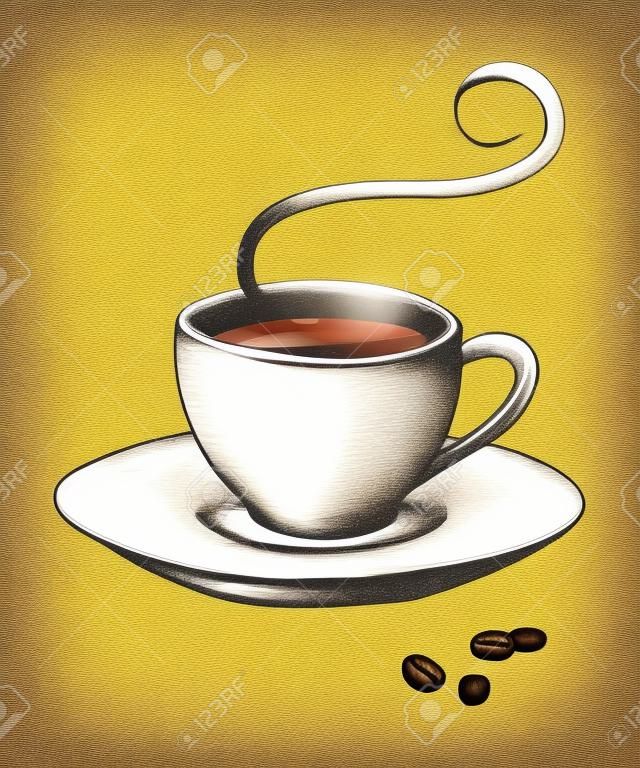 Sketch illustration of a cup of coffee in vintage colour style