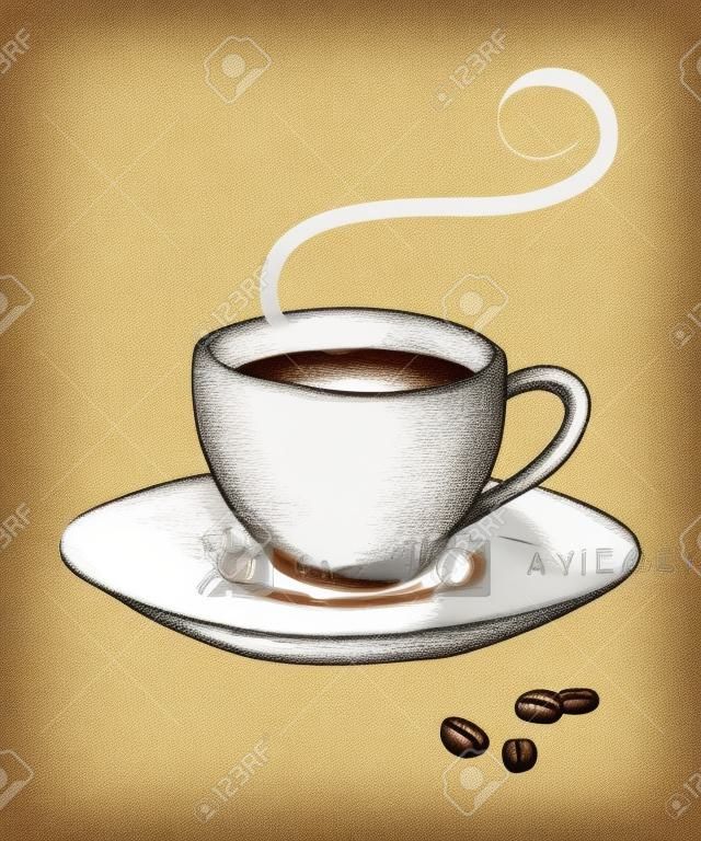 Sketch illustratie van een kopje koffie in vintage kleurstijl