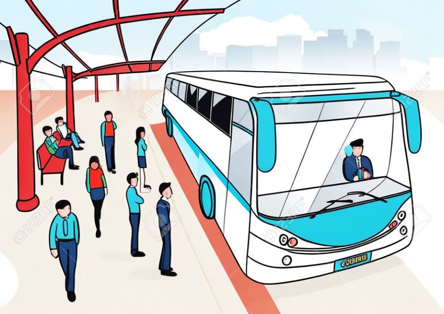 Ilustração dos desenhos animados de uma estação de ônibus
