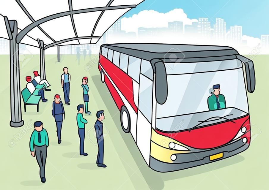 Ilustración de dibujos animados de una estación de autobuses
