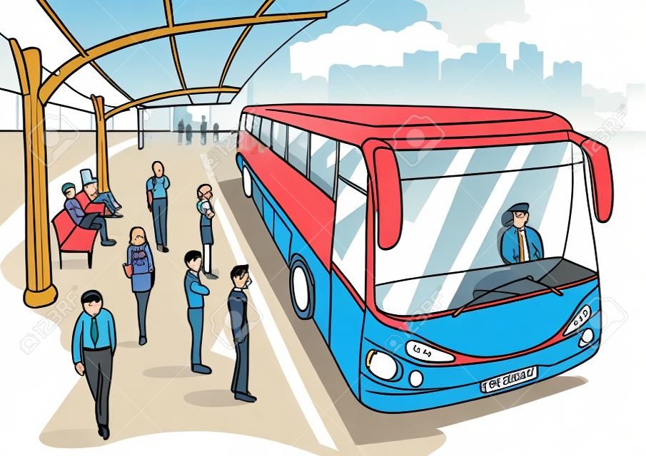 Bir otobüs durağına Karikatür illüstrasyon