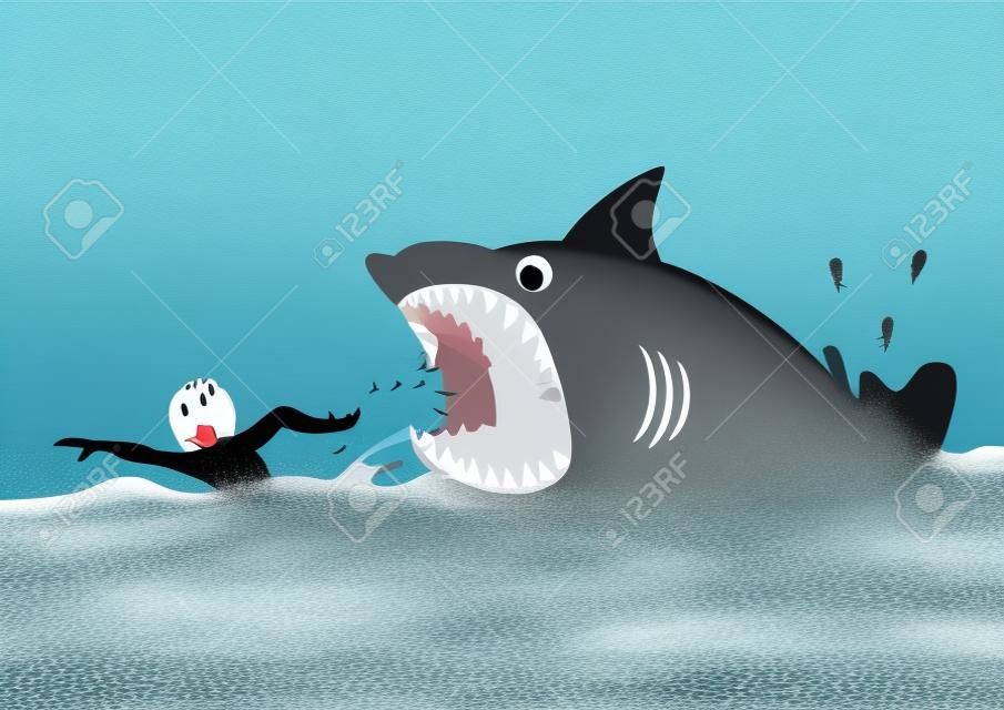 Cartoon illustrazione di un uomo di nuoto di panico, evitando attacchi di squali