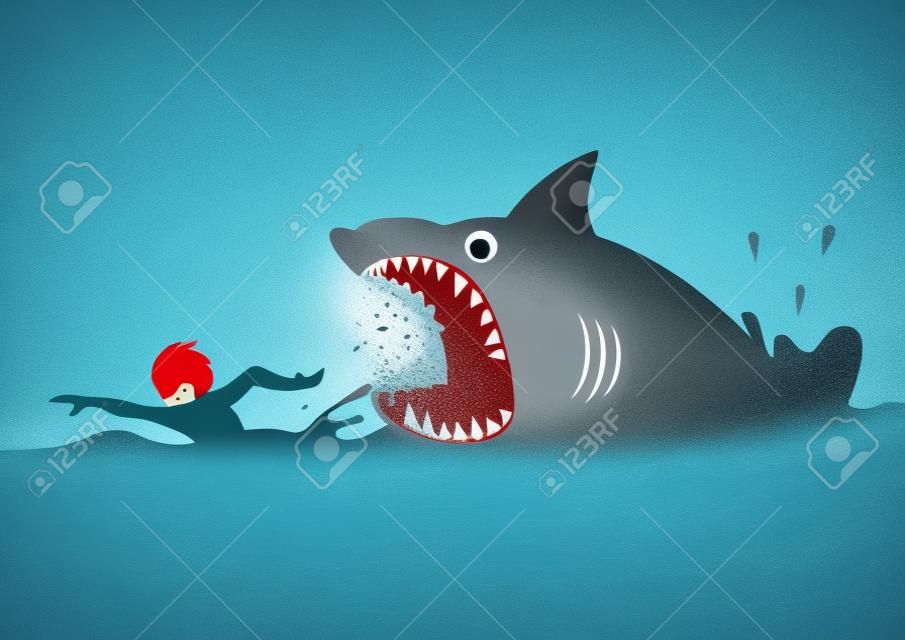 Cartoon illustration of a man swimming panic avoiding shark attacks