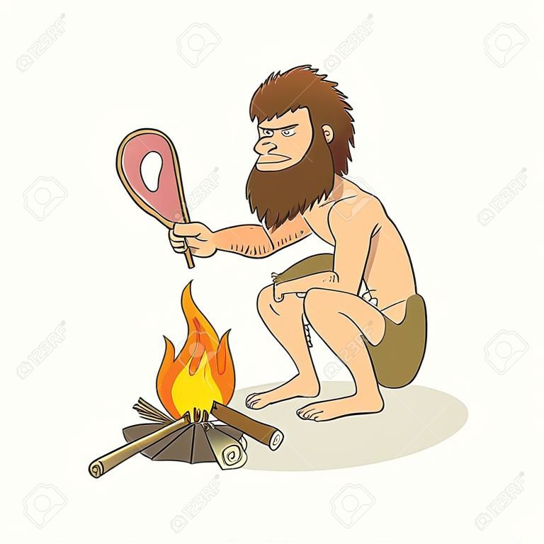 Cartoon illustration of a caveman cooking meat on fire