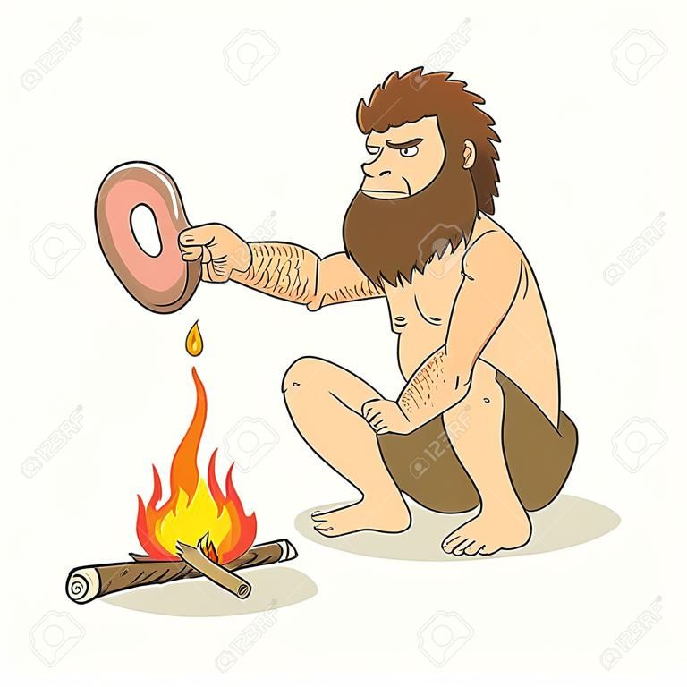 Cartoon illustration of a caveman cooking meat on fire