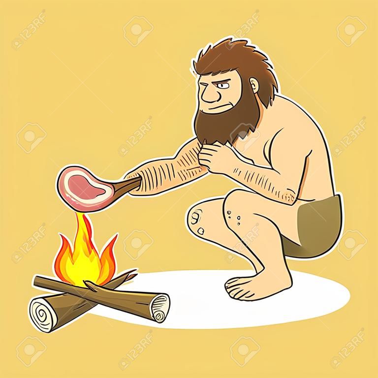 Karikaturillustration eines Höhlenmenschen, der Fleisch auf Feuer kocht