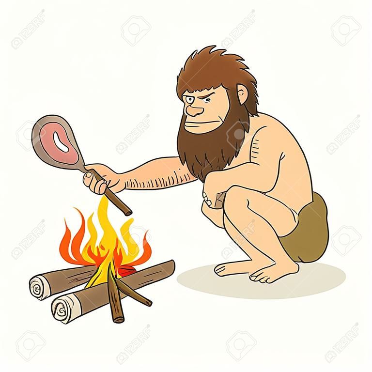 Cartoon ilustracja jaskiniowiec gotowania mięsa na ogniu