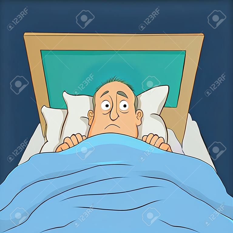 Cartoon-Illustration eines Mannes auf dem Bett mit weit geöffneten Augen, Schlaflosigkeit, Alptraum Thema