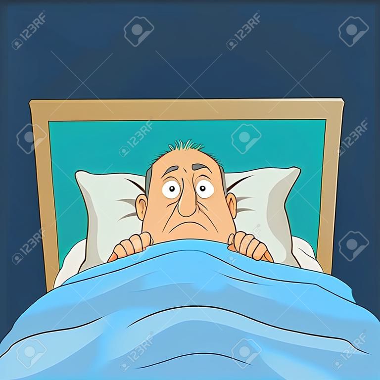 Tekenfilm illustratie van een man op bed met ogen wijd open, slapeloosheid, nachtmerrie thema