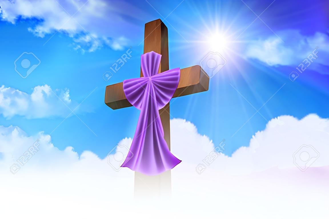A cross with purple sash on clouds background, for good friday, resurrection, easter, christianity theme