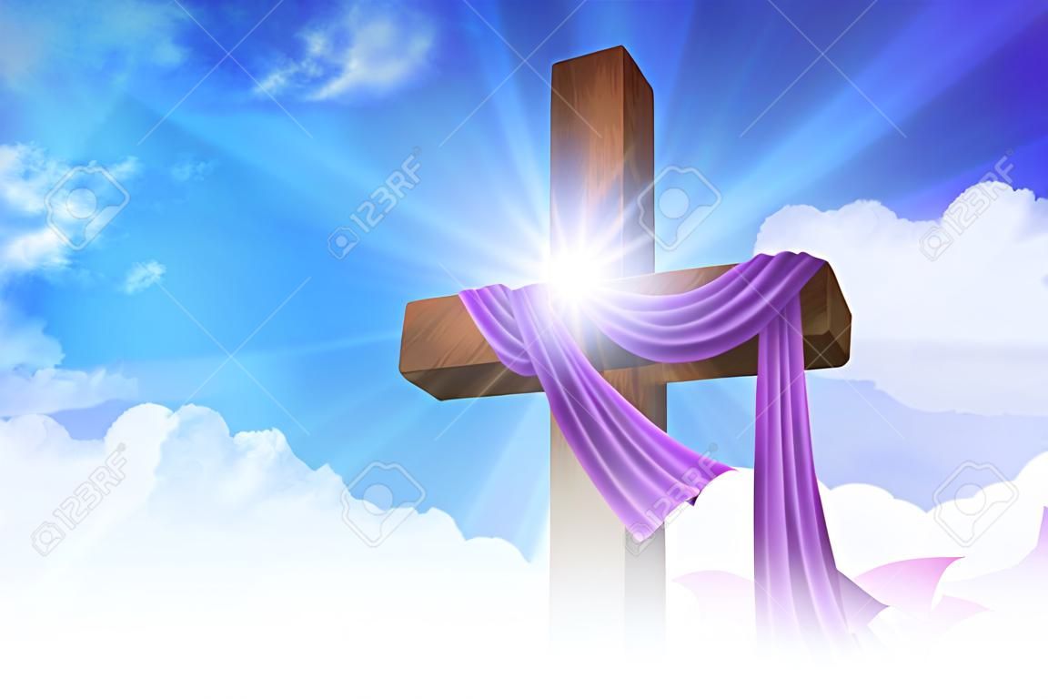 Una cruz con el marco púrpura en fondo de las nubes, de viernes santo, resurrección, Pascua, tema cristianismo