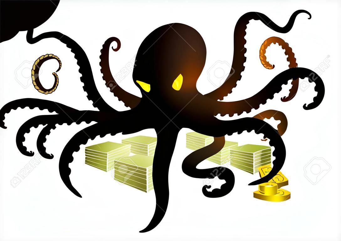 Ilustração da silhueta de um polvo que guarda o dinheiro com seus tentáculos, negócio, corporação, conglomerado, conceito do capitalismo