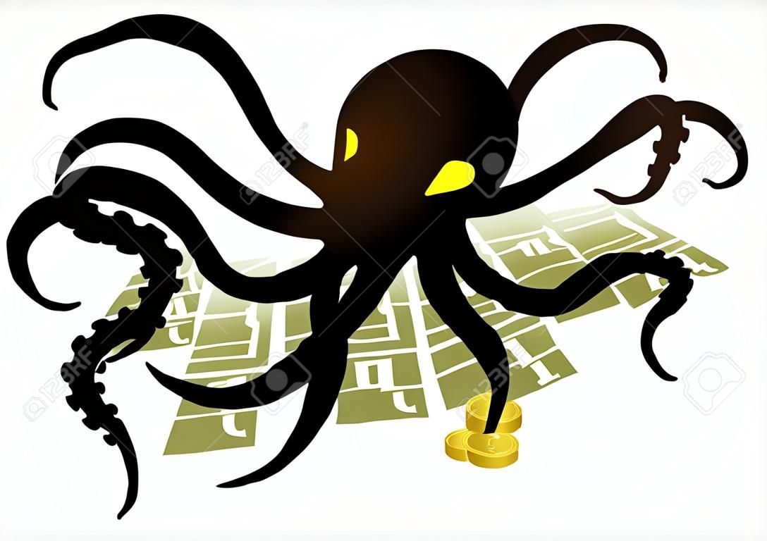 Ilustração da silhueta de um polvo que guarda o dinheiro com seus tentáculos, negócio, corporação, conglomerado, conceito do capitalismo