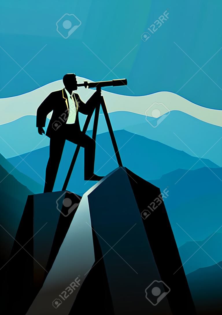 Ilustração do conceito de negócio do homem de negócios que usa o telescópio no topo da montanha