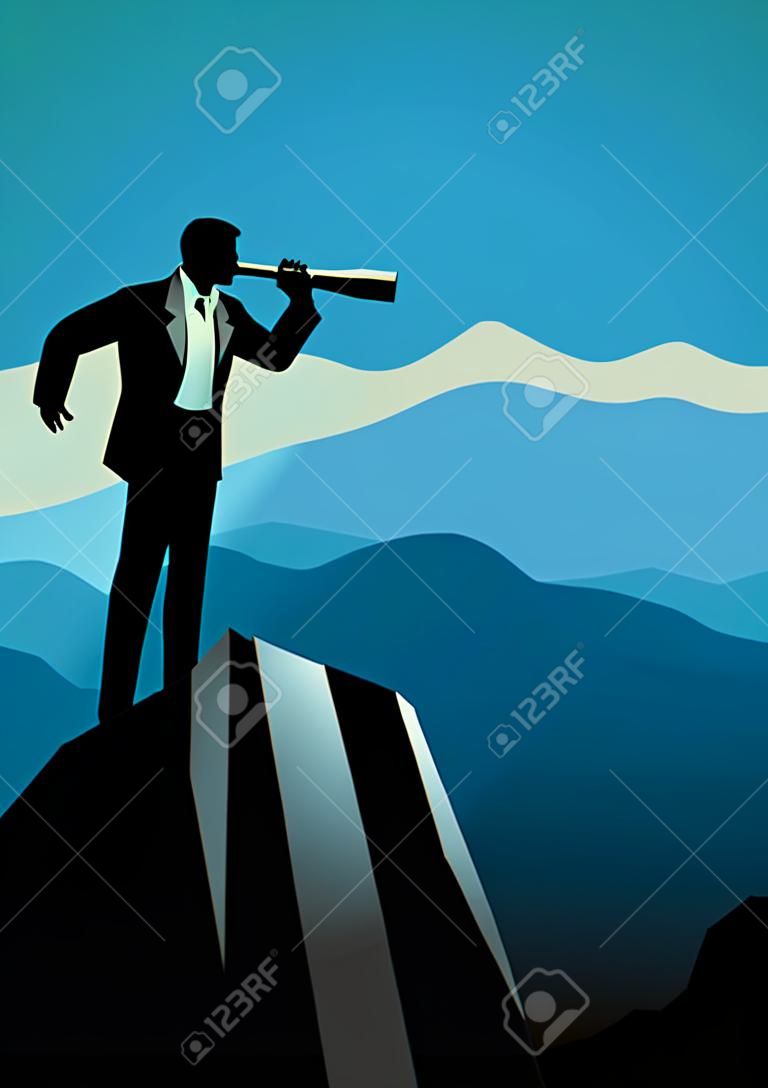 Üzleti koncepció illusztrációja üzletember segítségével teleszkóp tetején a hegy