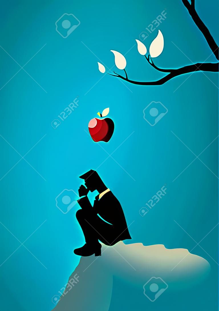思考のビジネスマンの頭にリンゴ落下夜明けのビジネス概念図