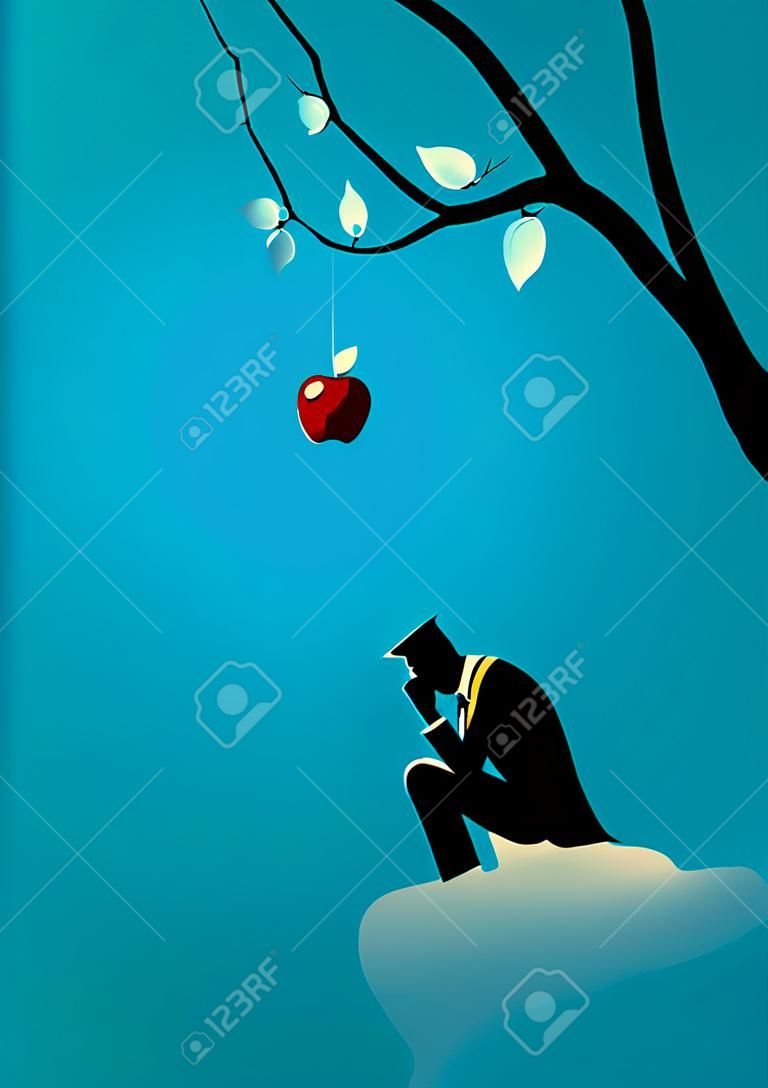 Ilustração do conceito de negócio de uma maçã que cai do amanhecer à cabeça de um homem de negócios pensante
