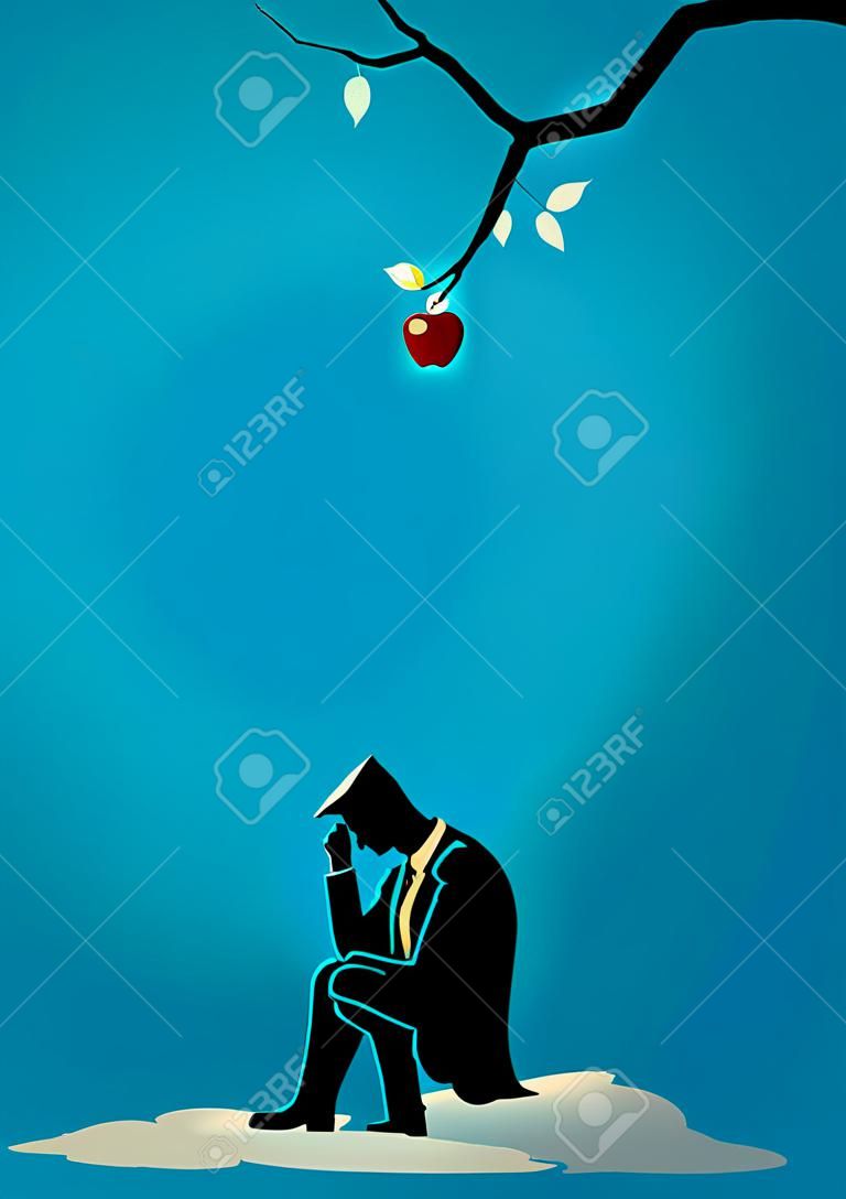 思考のビジネスマンの頭にリンゴ落下夜明けのビジネス概念図