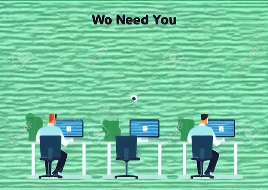 Business concept illustration of two people working on the computers with one empty desk. Job vacancy, new recruitment, trainee, occupation, job search theme